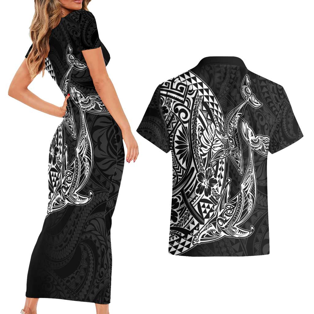 Hawaiian Whales Polynesian Art Motifs Couples Matching Short Sleeve Bodycon Dress and Hawaiian Shirt Black Color - Polynesian Pride