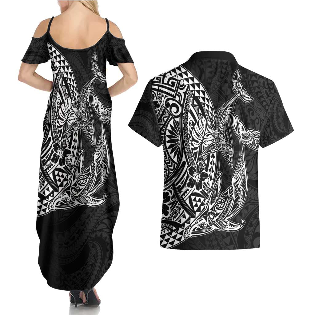 Hawaiian Whales Polynesian Art Motifs Couples Matching Summer Maxi Dress and Hawaiian Shirt Black Color - Polynesian Pride