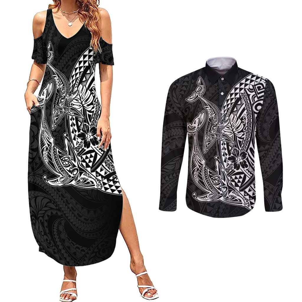 Hawaiian Whales Polynesian Art Motifs Couples Matching Summer Maxi Dress and Long Sleeve Button Shirt Black Color - Polynesian Pride