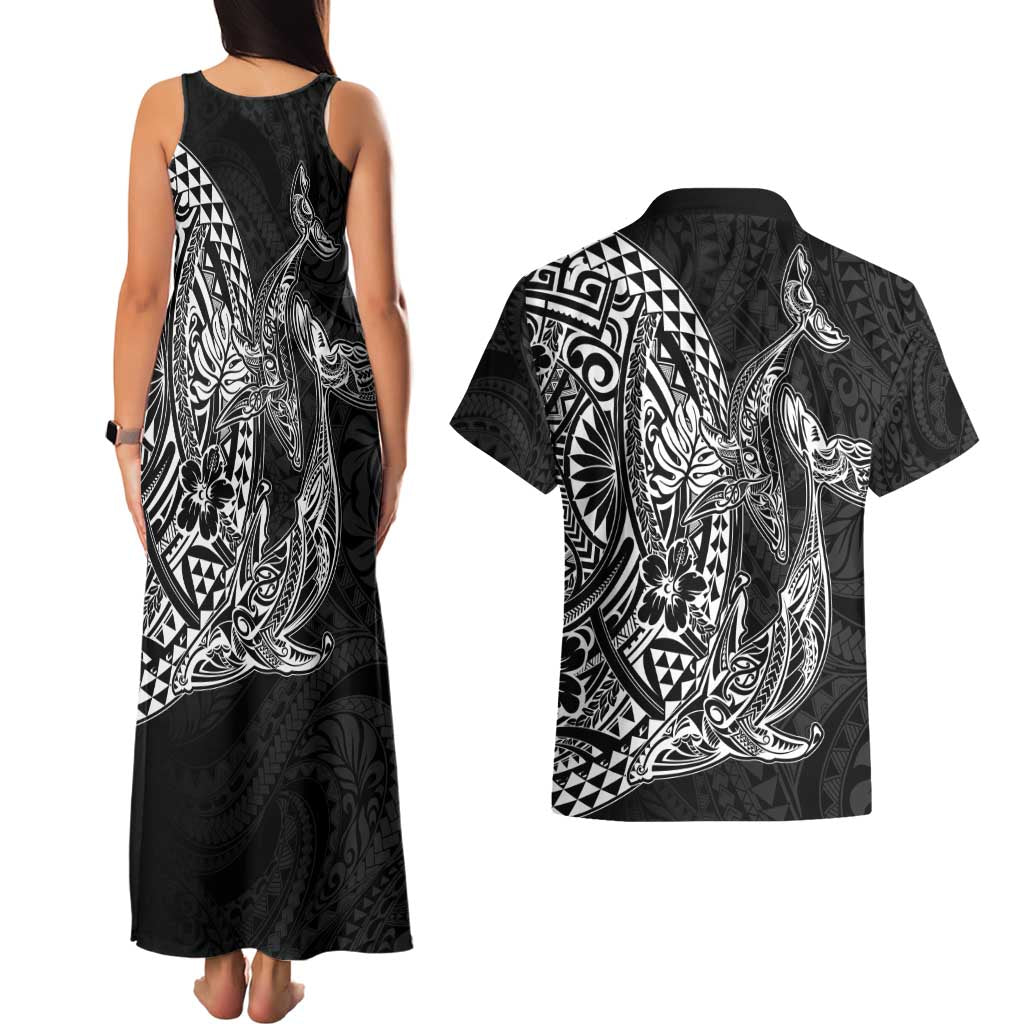 Hawaiian Whales Polynesian Art Motifs Couples Matching Tank Maxi Dress and Hawaiian Shirt Black Color - Polynesian Pride