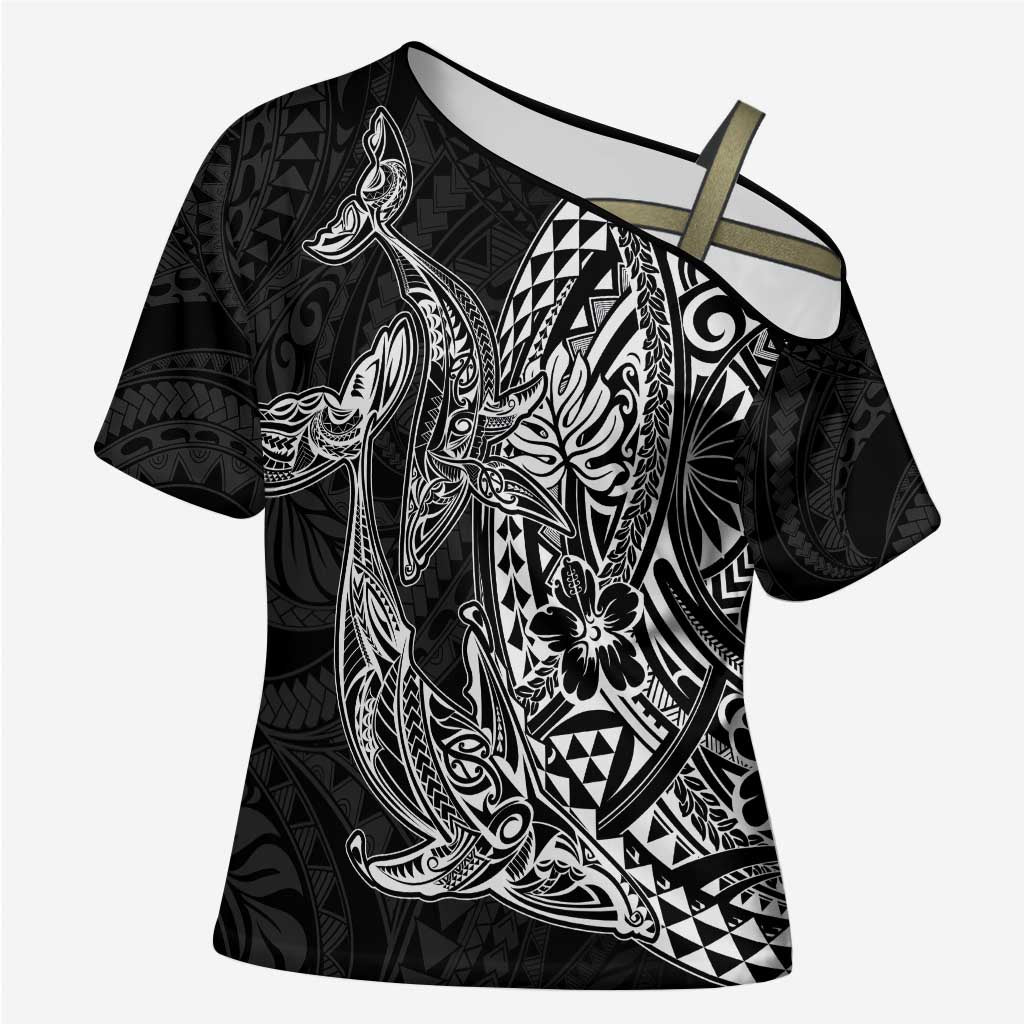 Hawaiian Whales Polynesian Art Motifs Cross Shoulder Shirt Black Color LT03 Female Black - Polynesian Pride