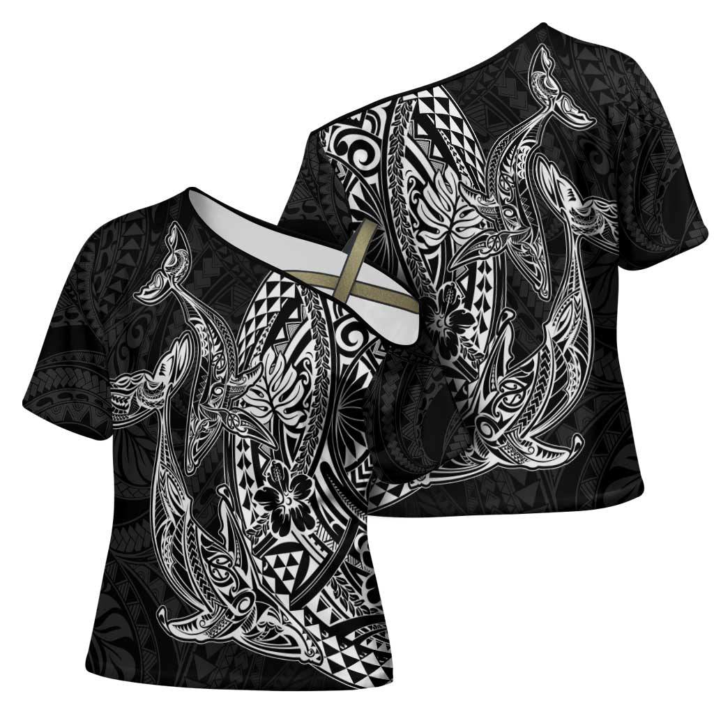 Hawaiian Whales Polynesian Art Motifs Cross Shoulder Shirt Black Color LT03 - Polynesian Pride