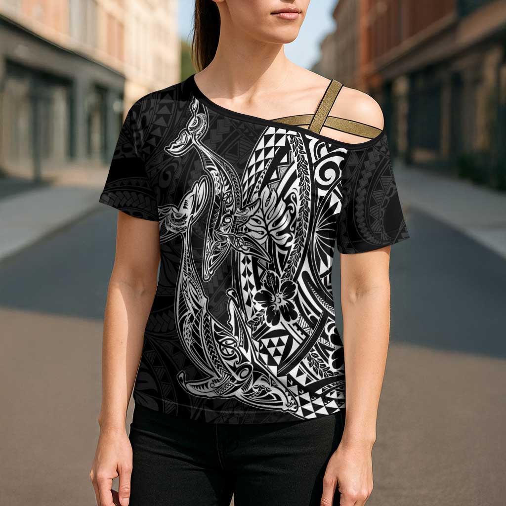 Hawaiian Whales Polynesian Art Motifs Cross Shoulder Shirt Black Color LT03 - Polynesian Pride