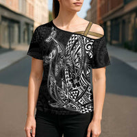 Hawaiian Whales Polynesian Art Motifs Cross Shoulder Shirt Black Color LT03 - Polynesian Pride