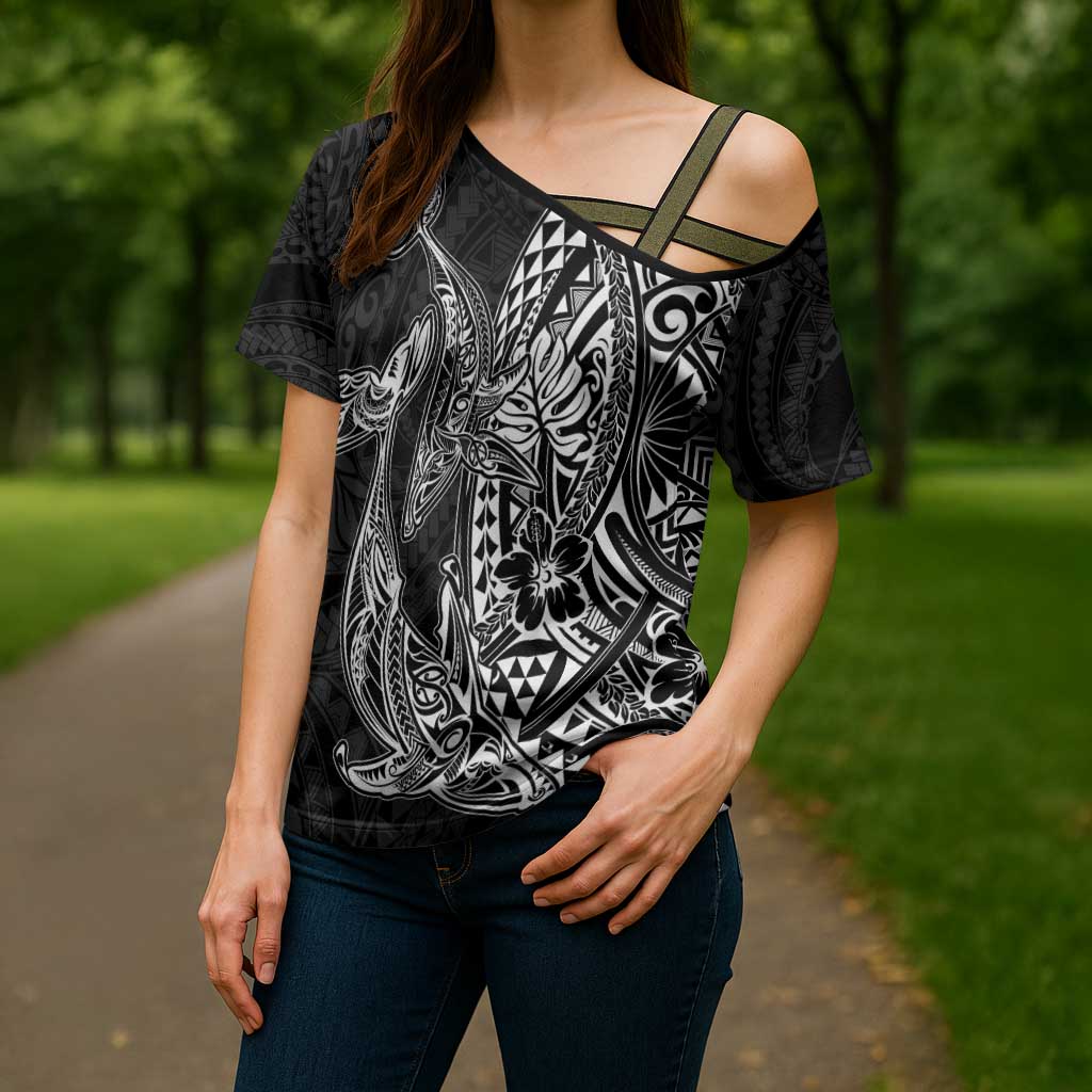 Hawaiian Whales Polynesian Art Motifs Cross Shoulder Shirt Black Color LT03 - Polynesian Pride