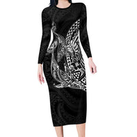 Hawaiian Whales Polynesian Art Motifs Family Matching Long Sleeve Bodycon Dress and Hawaiian Shirt Black Color - Polynesian Pride