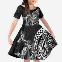 Hawaiian Whales Polynesian Art Motifs Family Matching Off The Shoulder Long Sleeve Dress and Hawaiian Shirt Black Color - Polynesian Pride