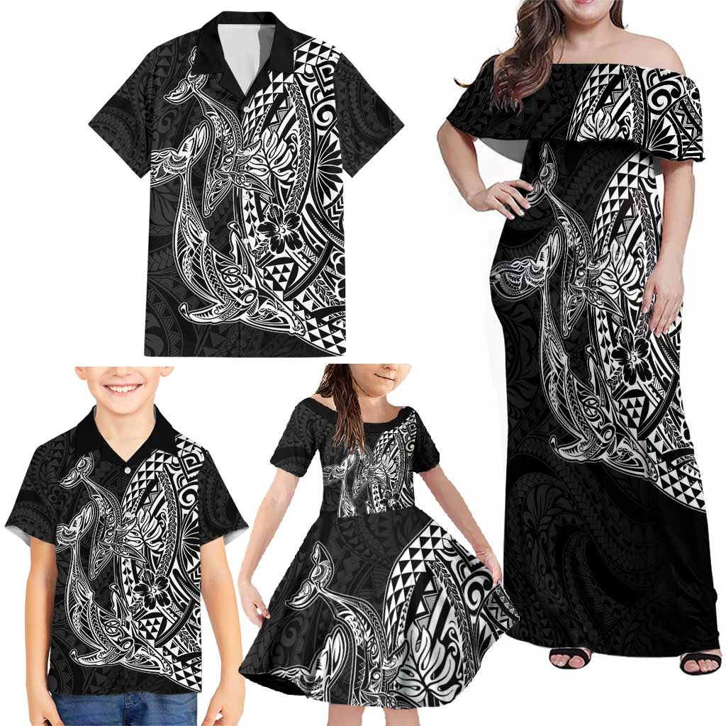 Hawaiian Whales Polynesian Art Motifs Family Matching Off Shoulder Maxi Dress and Hawaiian Shirt Black Color - Polynesian Pride
