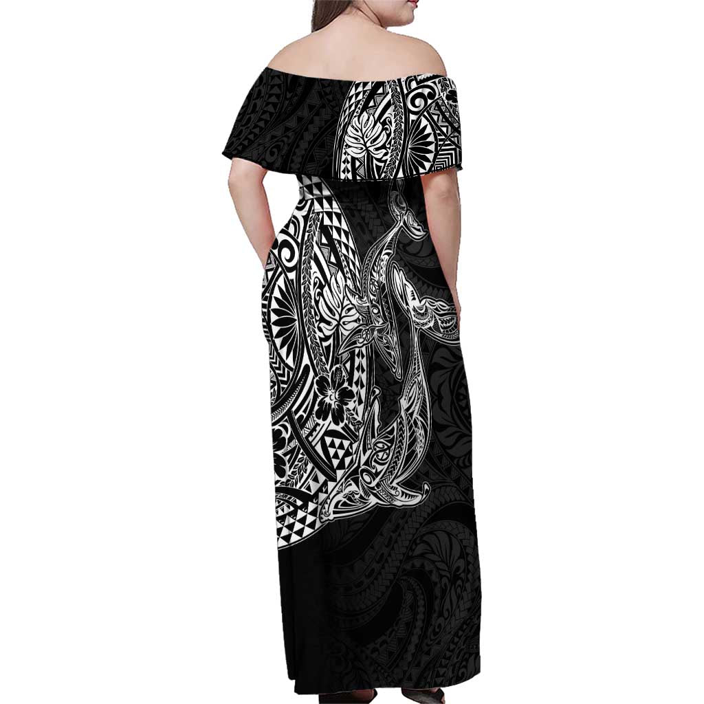 Hawaiian Whales Polynesian Art Motifs Family Matching Off Shoulder Maxi Dress and Hawaiian Shirt Black Color - Polynesian Pride