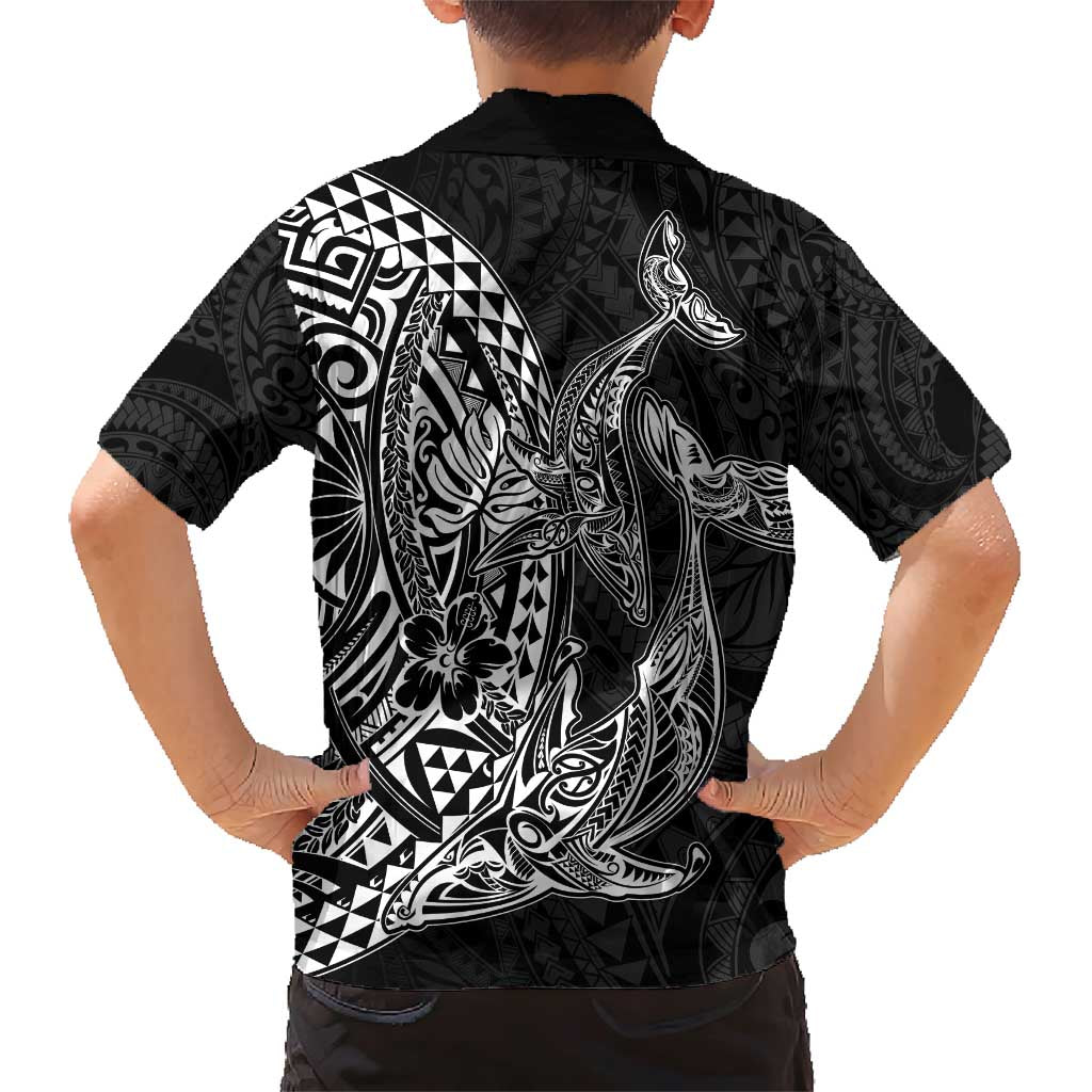 Hawaiian Whales Polynesian Art Motifs Family Matching Short Sleeve Bodycon Dress and Hawaiian Shirt Black Color - Polynesian Pride
