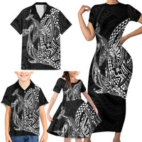 Hawaiian Whales Polynesian Art Motifs Family Matching Short Sleeve Bodycon Dress and Hawaiian Shirt Black Color - Polynesian Pride
