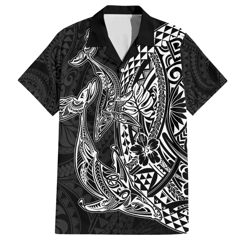 Hawaiian Whales Polynesian Art Motifs Family Matching Short Sleeve Bodycon Dress and Hawaiian Shirt Black Color - Polynesian Pride