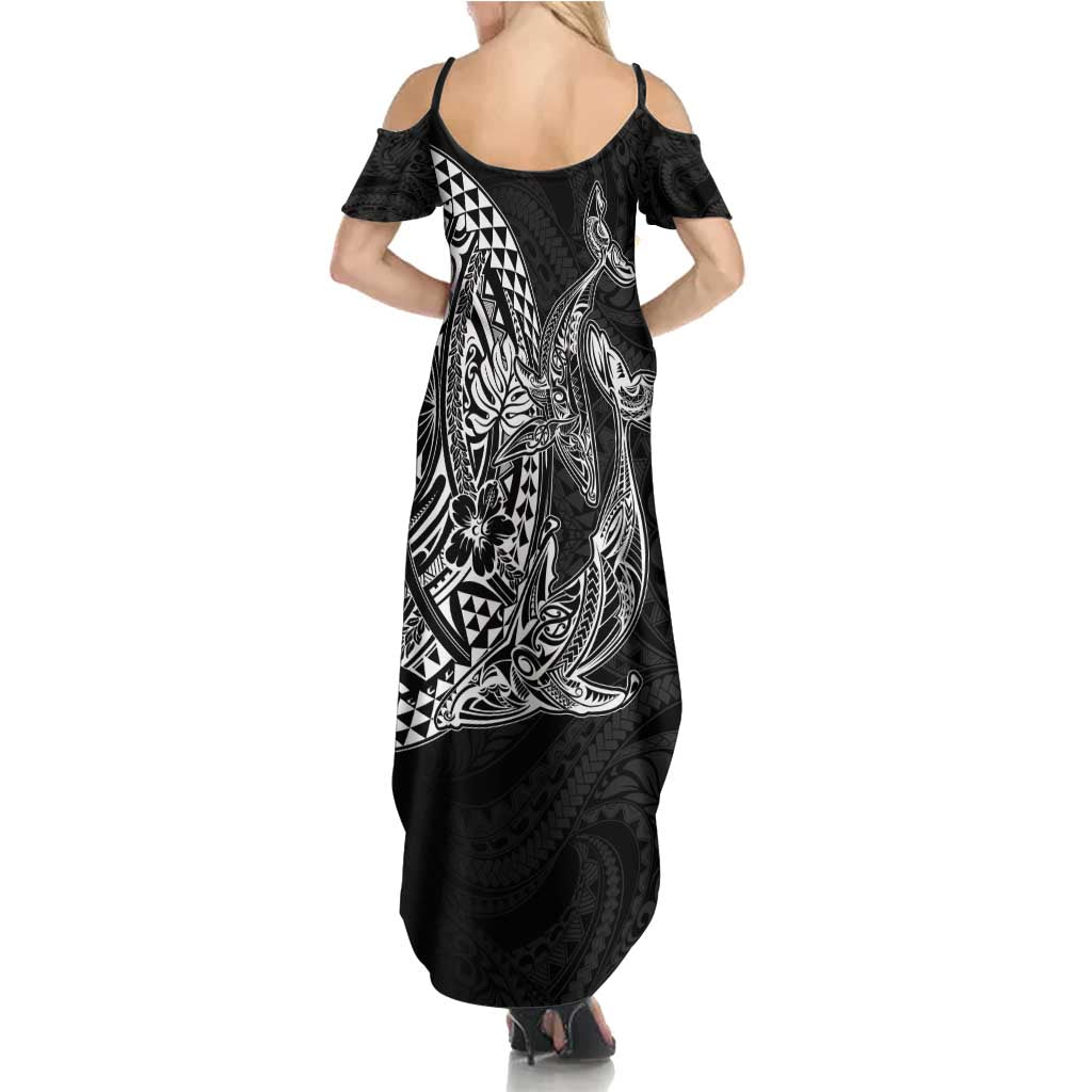 Hawaiian Whales Polynesian Art Motifs Family Matching Summer Maxi Dress and Hawaiian Shirt Black Color - Polynesian Pride