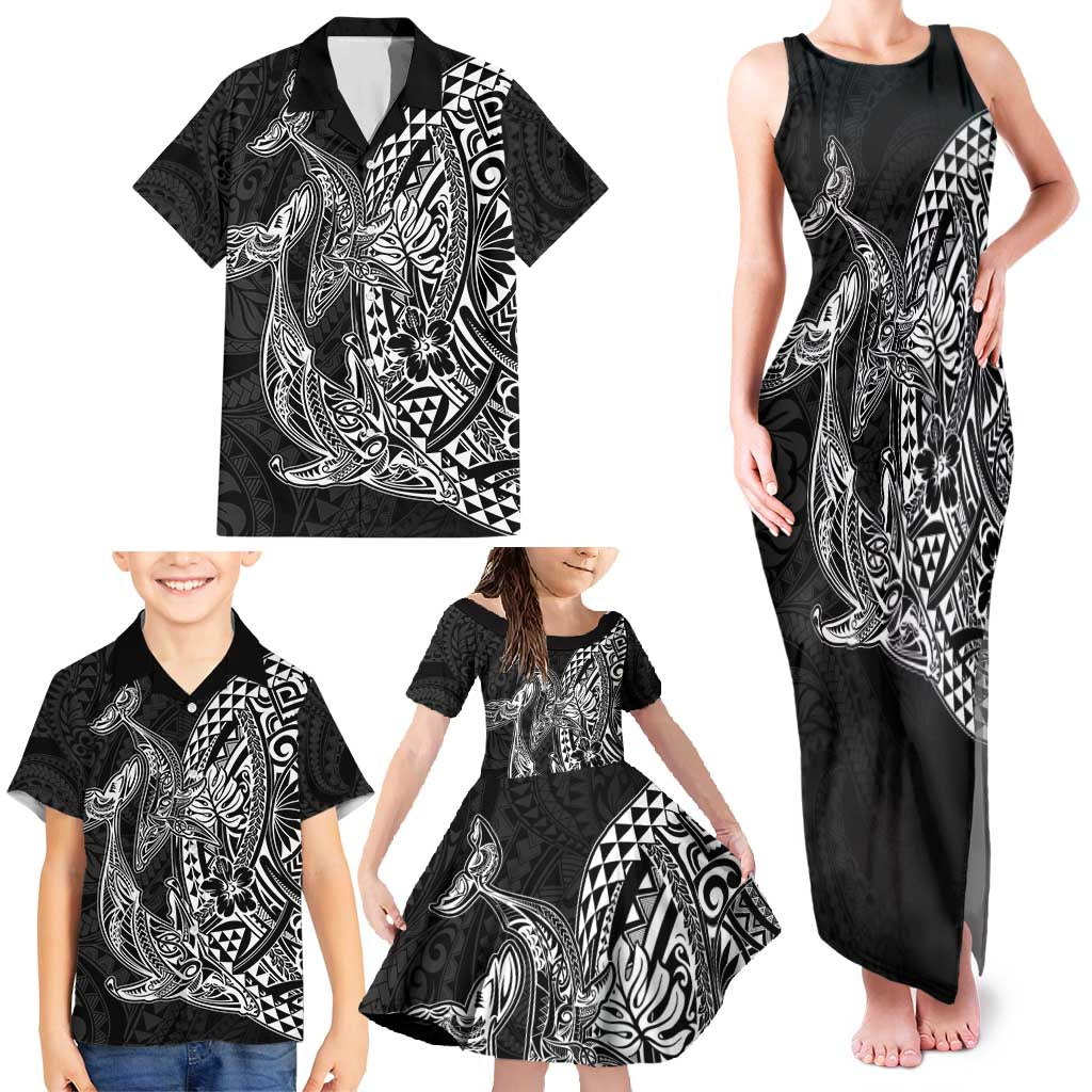Hawaiian Whales Polynesian Art Motifs Family Matching Tank Maxi Dress and Hawaiian Shirt Black Color - Polynesian Pride