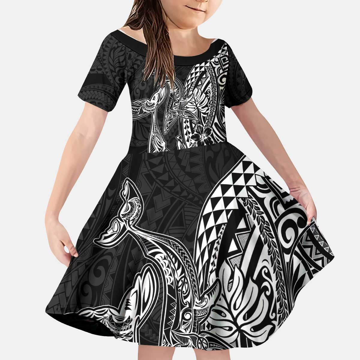Hawaiian Whales Polynesian Art Motifs Kid Short Sleeve Dress Black Color - Polynesian Pride