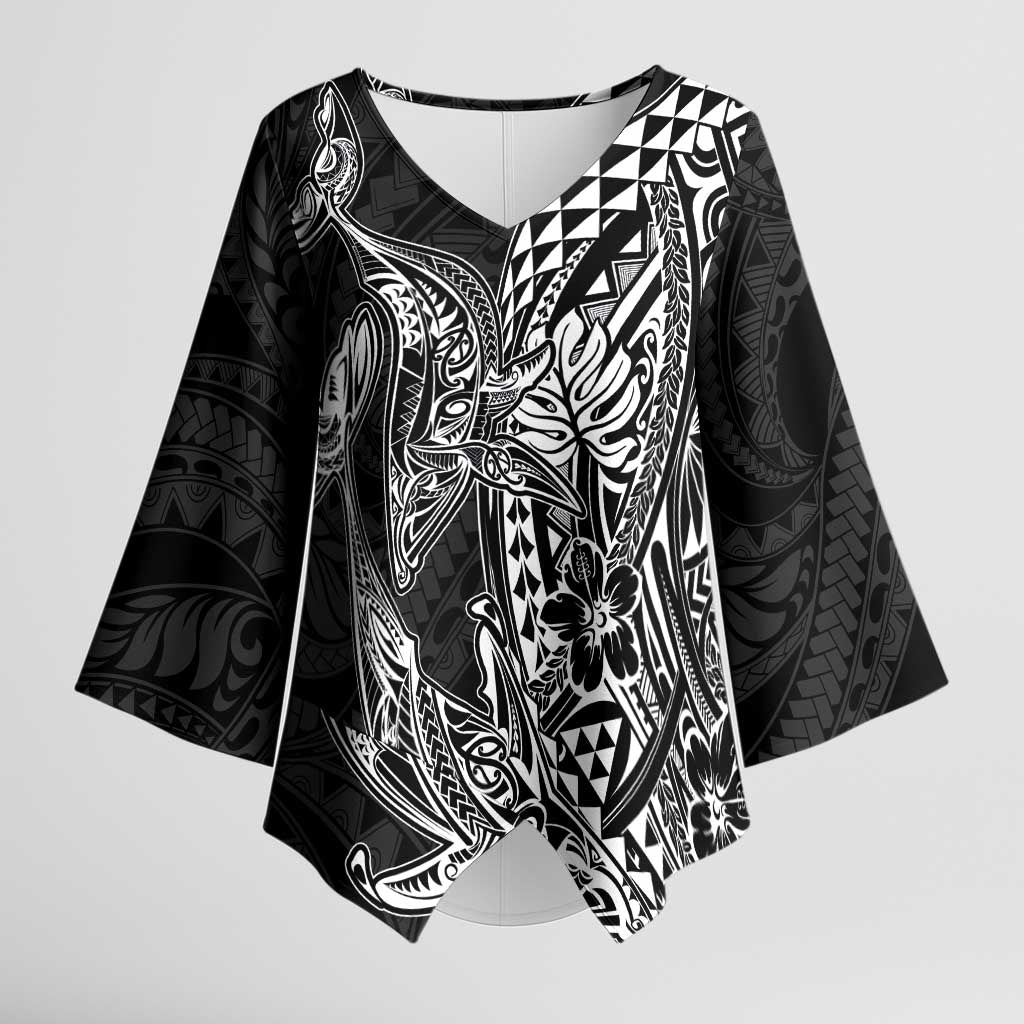 Hawaiian Whales Polynesian Art Motifs Kimono Sleeve Blouse Black Color LT03 Female Black - Polynesian Pride