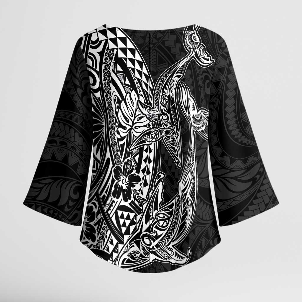 Hawaiian Whales Polynesian Art Motifs Kimono Sleeve Blouse Black Color LT03 - Polynesian Pride