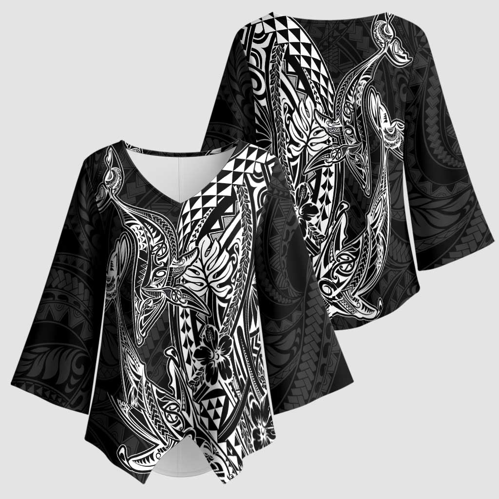 Hawaiian Whales Polynesian Art Motifs Kimono Sleeve Blouse Black Color LT03 - Polynesian Pride