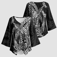 Hawaiian Whales Polynesian Art Motifs Kimono Sleeve Blouse Black Color LT03 - Polynesian Pride