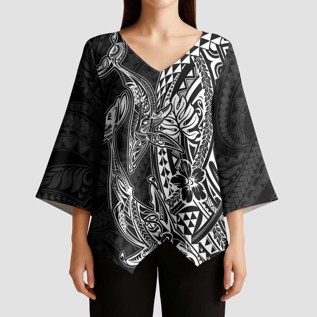 Hawaiian Whales Polynesian Art Motifs Kimono Sleeve Blouse Black Color LT03 - Polynesian Pride