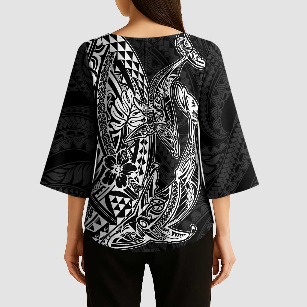 Hawaiian Whales Polynesian Art Motifs Kimono Sleeve Blouse Black Color LT03 - Polynesian Pride