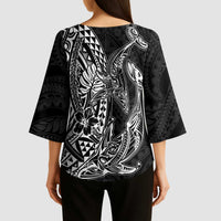 Hawaiian Whales Polynesian Art Motifs Kimono Sleeve Blouse Black Color LT03 - Polynesian Pride