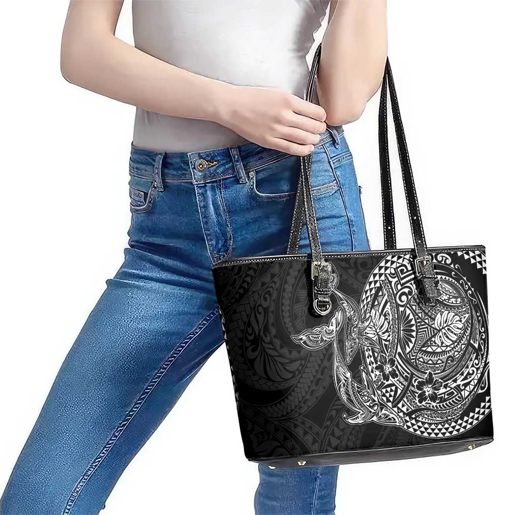 Hawaiian Whales Polynesian Art Motifs Leather Tote Bag Black Color - Polynesian Pride