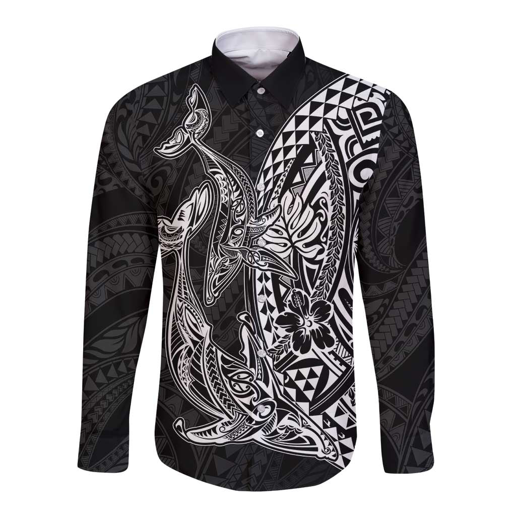 Hawaiian Whales Polynesian Art Motifs Long Sleeve Button Shirt Black Color - Polynesian Pride