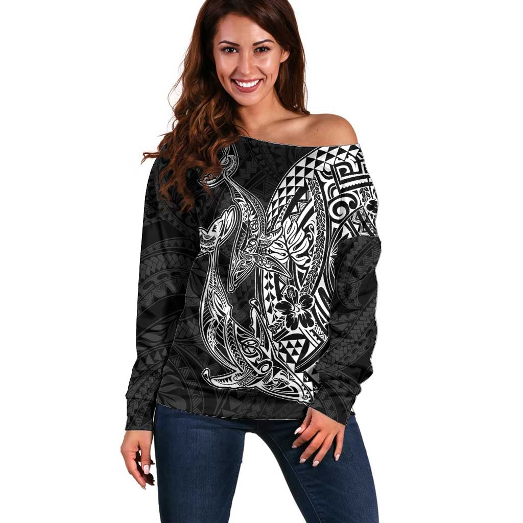 Hawaiian Whales Polynesian Art Motifs Off Shoulder Sweater Black Color - Polynesian Pride