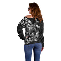 Hawaiian Whales Polynesian Art Motifs Off Shoulder Sweater Black Color - Polynesian Pride