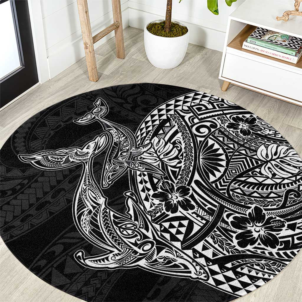 Hawaiian Whales Polynesian Art Motifs Round Carpet Black Color - Polynesian Pride