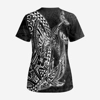 Hawaiian Whales Polynesian Art Motifs Scrub Top Black Color - Polynesian Pride