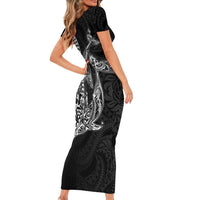 Hawaiian Whales Polynesian Art Motifs Short Sleeve Bodycon Dress Black Color - Polynesian Pride