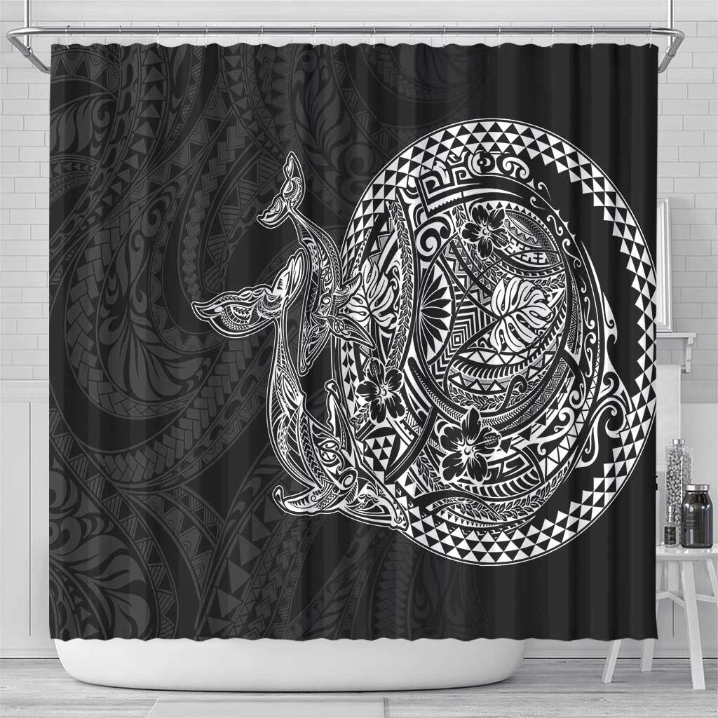 Hawaiian Whales Polynesian Art Motifs Shower Curtain Black Color - Polynesian Pride