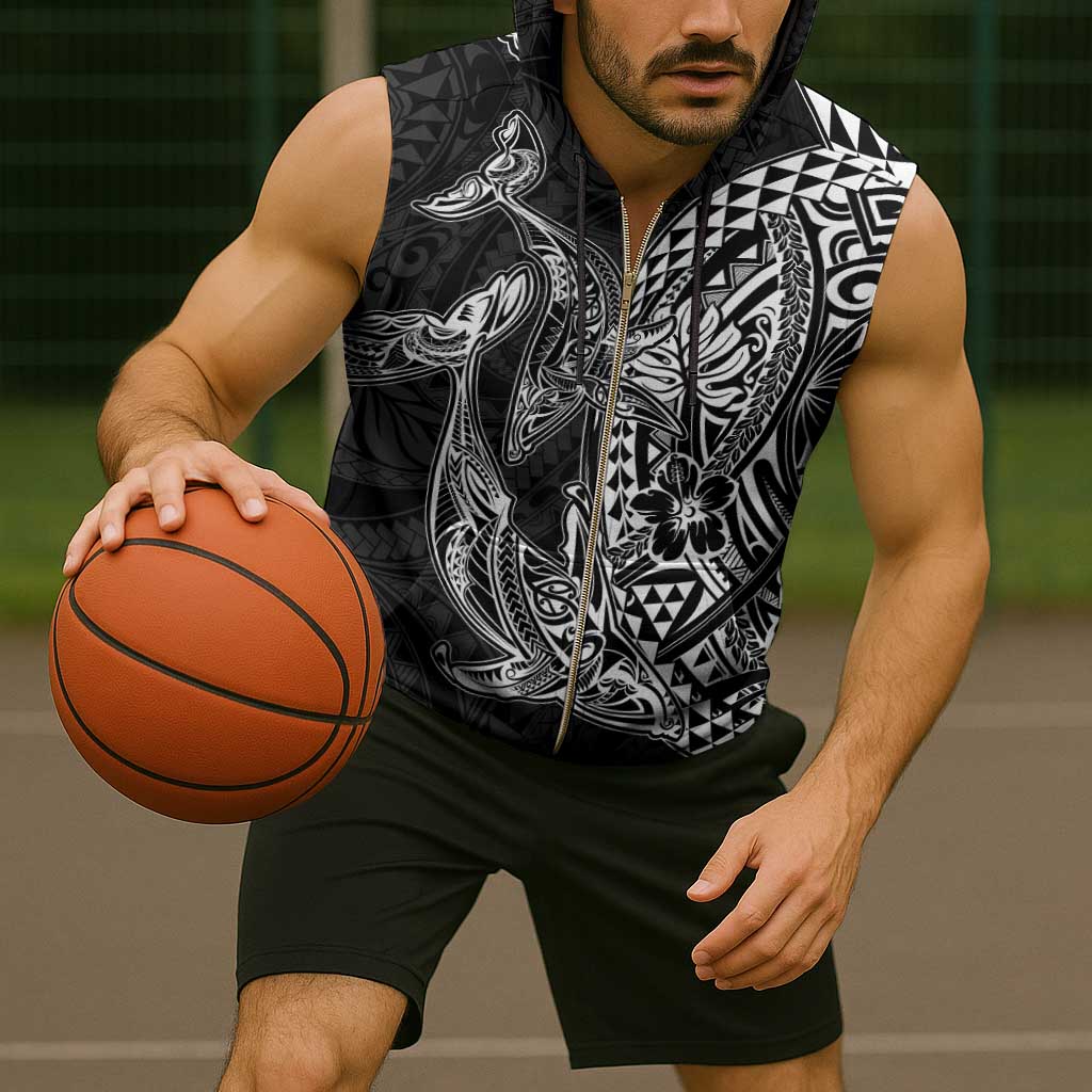 Hawaiian Whales Polynesian Art Motifs Sleeveless Zip Hoodie Black Color - Polynesian Pride