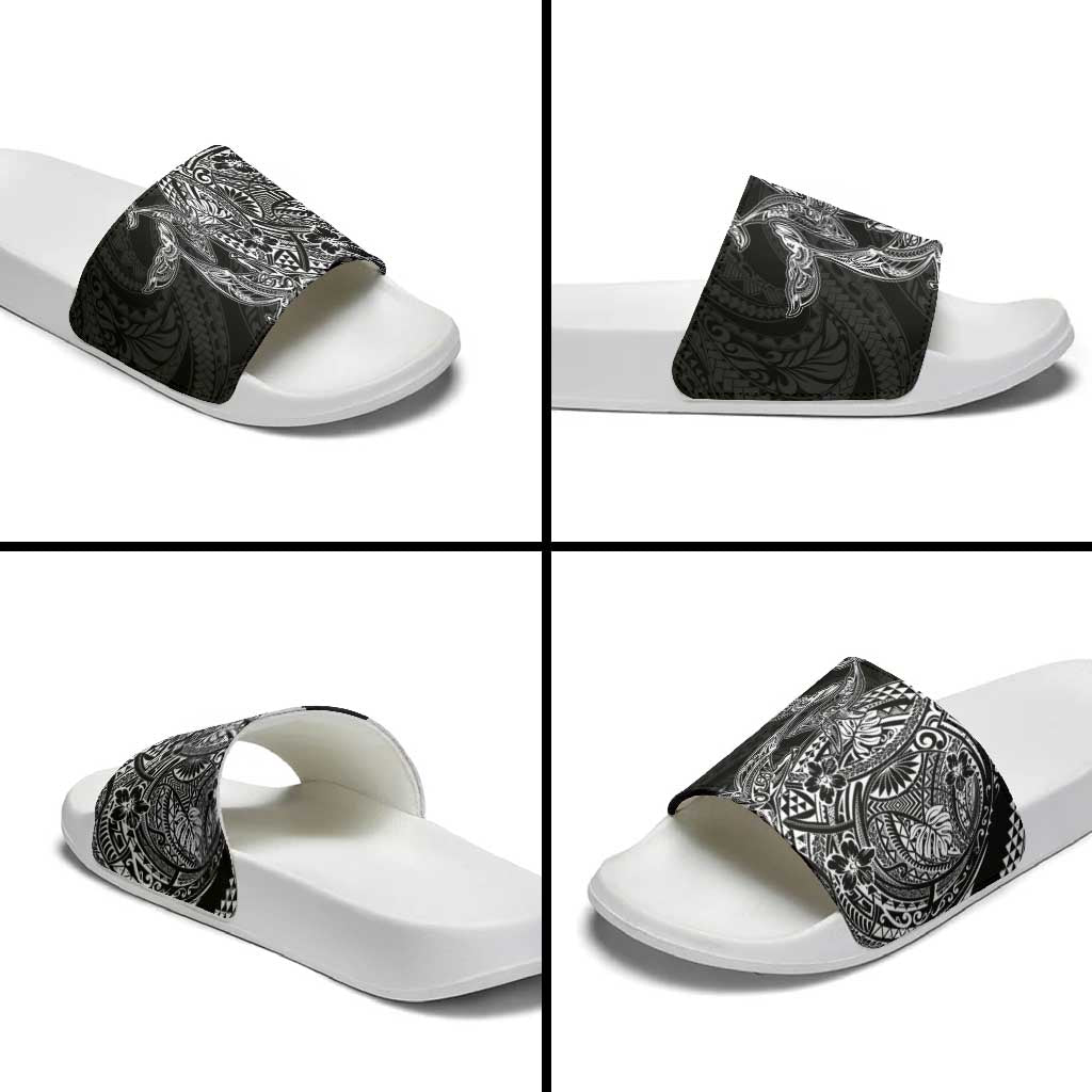 Hawaiian Whales Polynesian Art Motifs Slide Sandals Black Color - Polynesian Pride