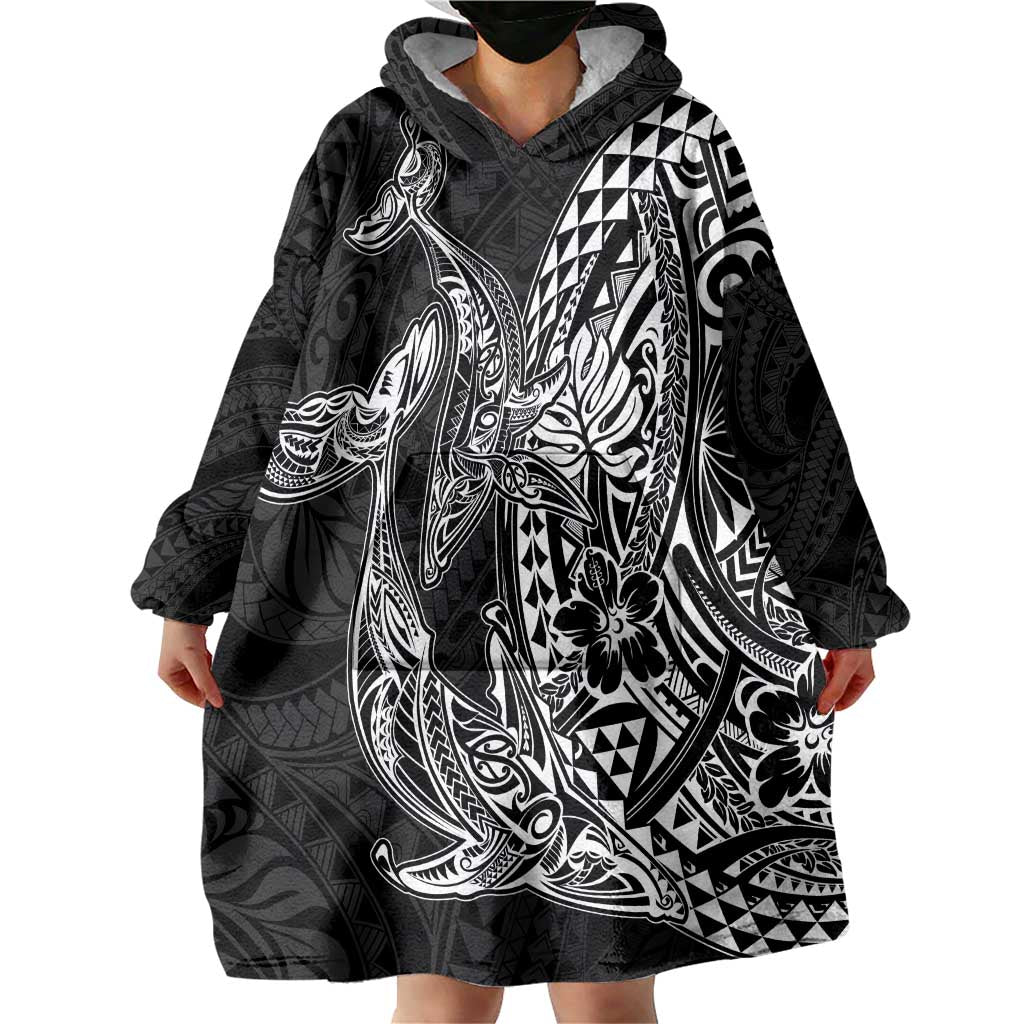 Hawaiian Whales Polynesian Art Motifs Wearable Blanket Hoodie Black Color - Polynesian Pride