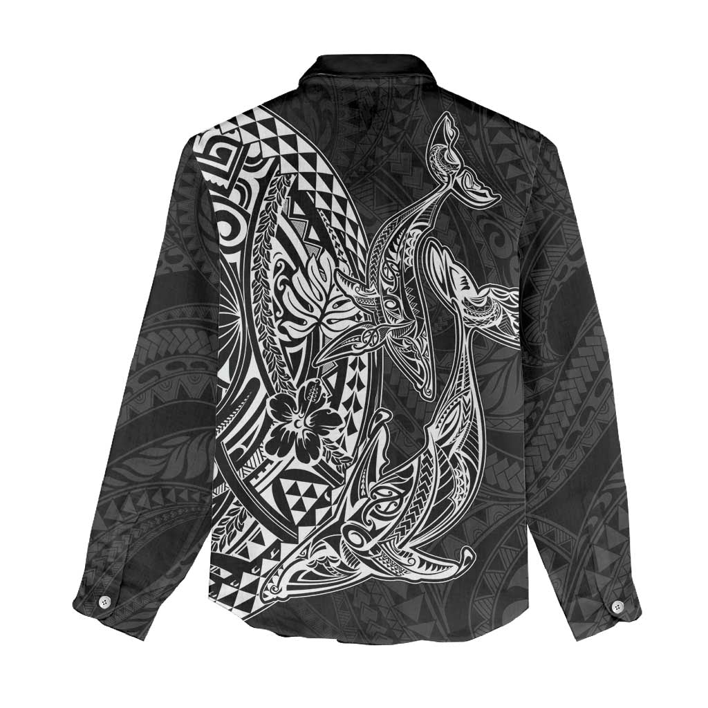 Hawaiian Whales Polynesian Art Motifs Women Casual Shirt Black Color - Polynesian Pride