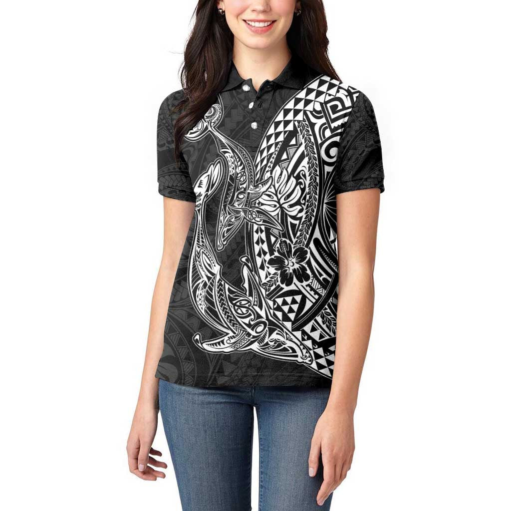 Hawaiian Whales Polynesian Art Motifs Women Polo Shirt Black Color - Polynesian Pride