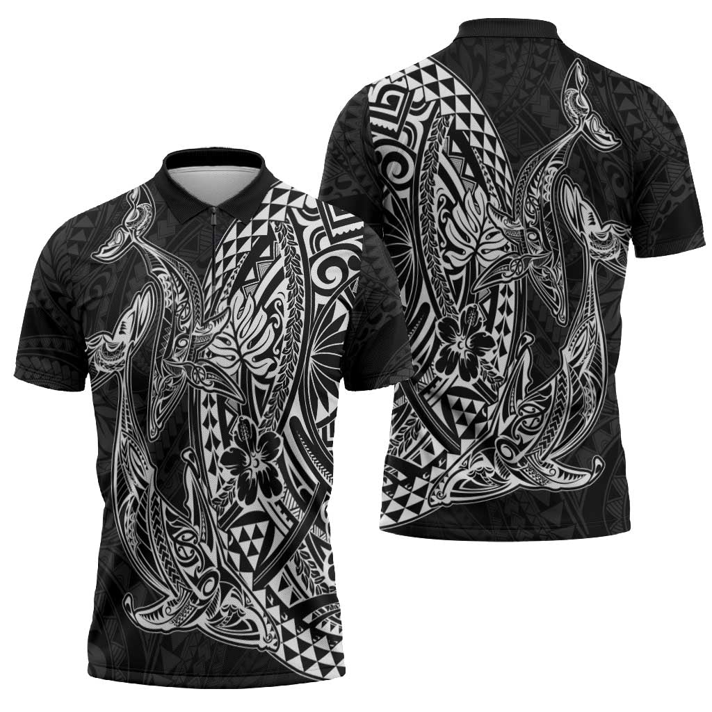 Hawaiian Whales Polynesian Art Motifs Zipper Polo Shirt Black Color - Polynesian Pride