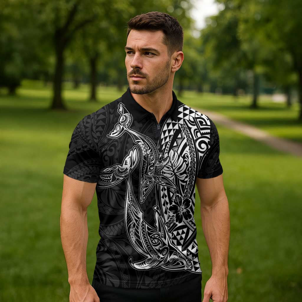 Hawaiian Whales Polynesian Art Motifs Zipper Polo Shirt Black Color - Polynesian Pride