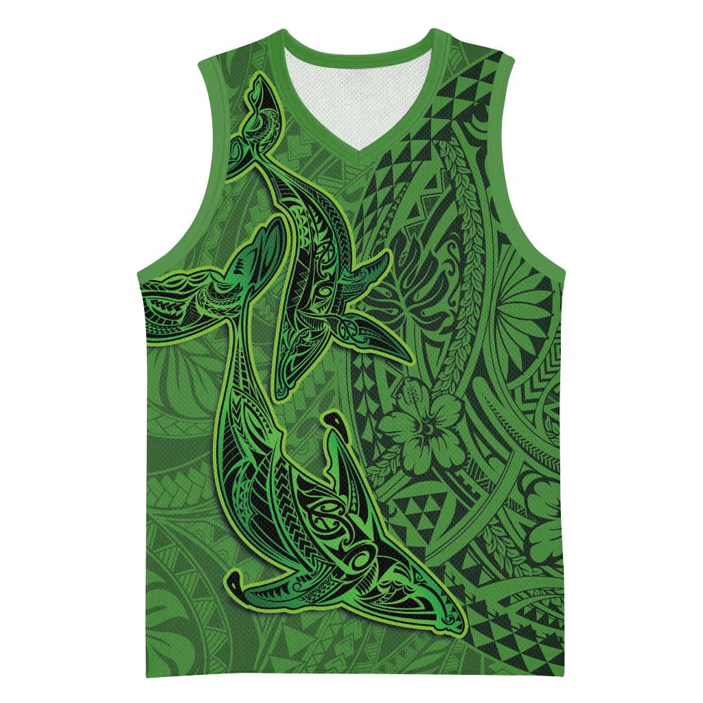 Hawaiian Whales Polynesian Art Motifs Basketball Jersey Green Color - Polynesian Pride