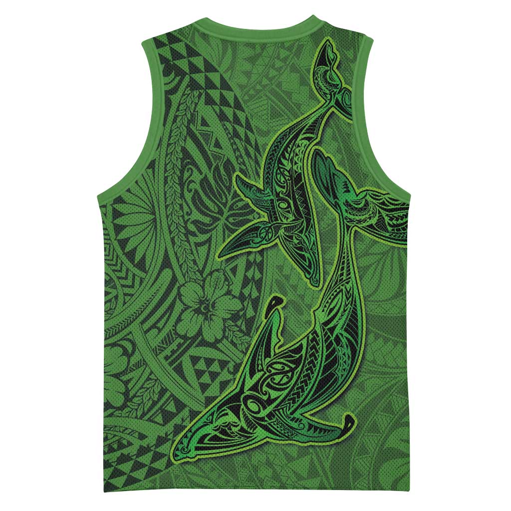 Hawaiian Whales Polynesian Art Motifs Basketball Jersey Green Color - Polynesian Pride