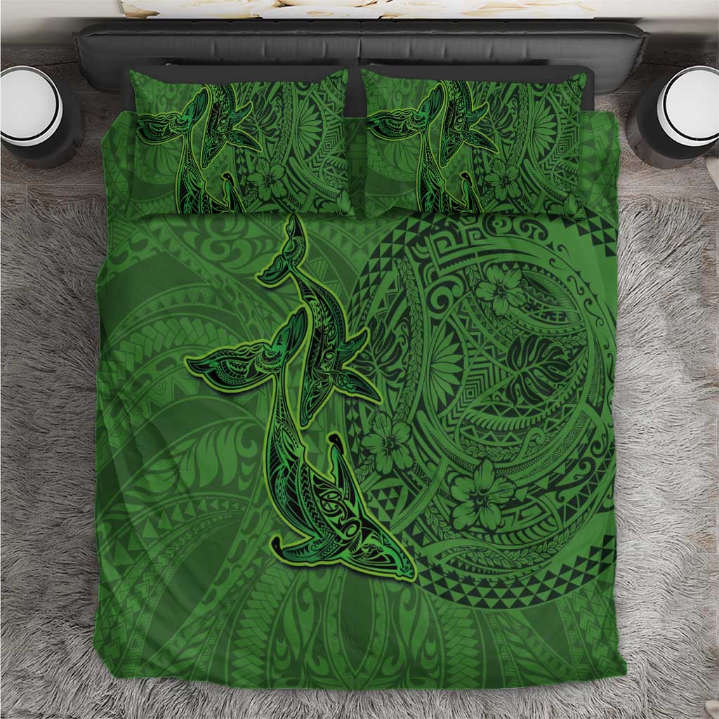 Hawaiian Whales Polynesian Art Motifs Bedding Set Green Color - Polynesian Pride