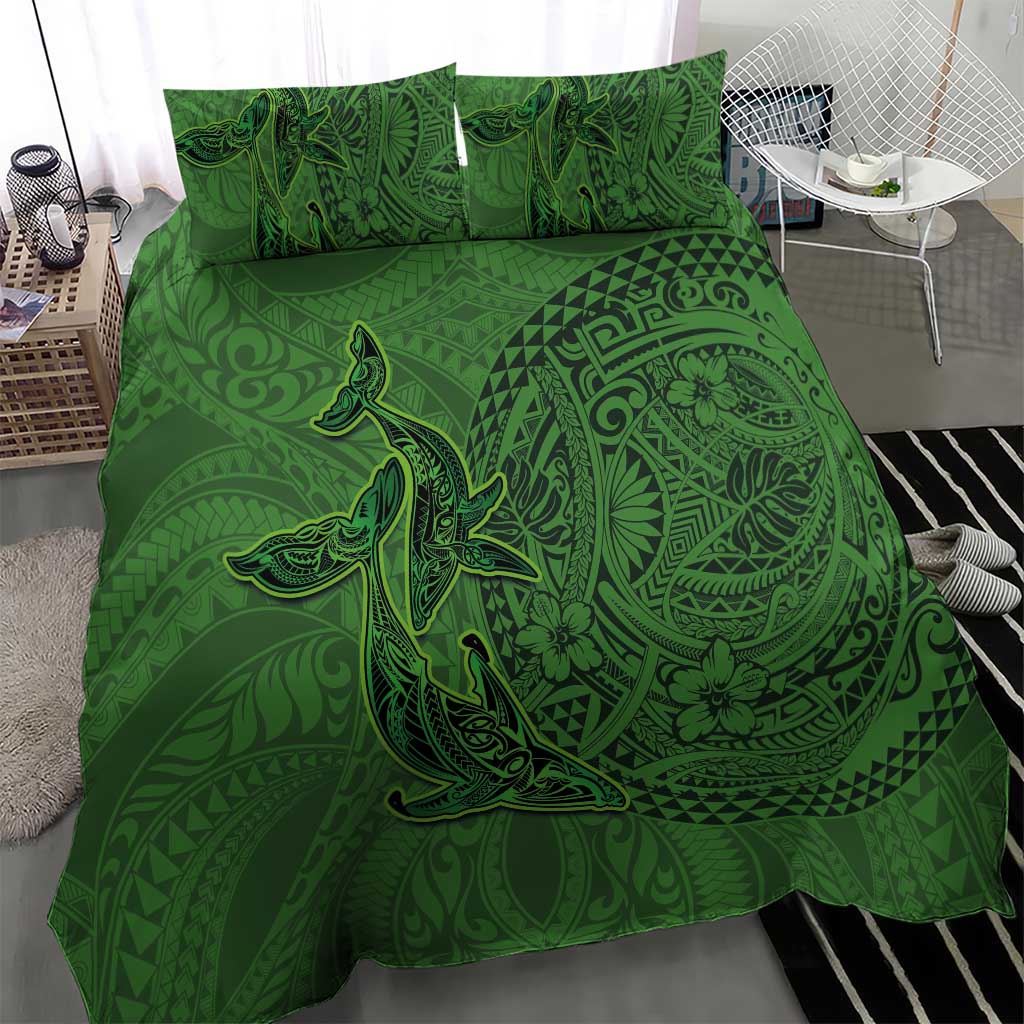 Hawaiian Whales Polynesian Art Motifs Bedding Set Green Color - Polynesian Pride