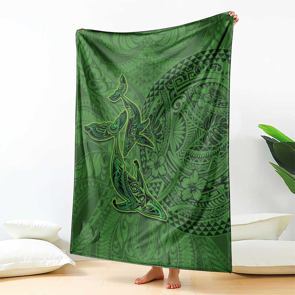 Hawaiian Whales Polynesian Art Motifs Blanket Green Color - Polynesian Pride