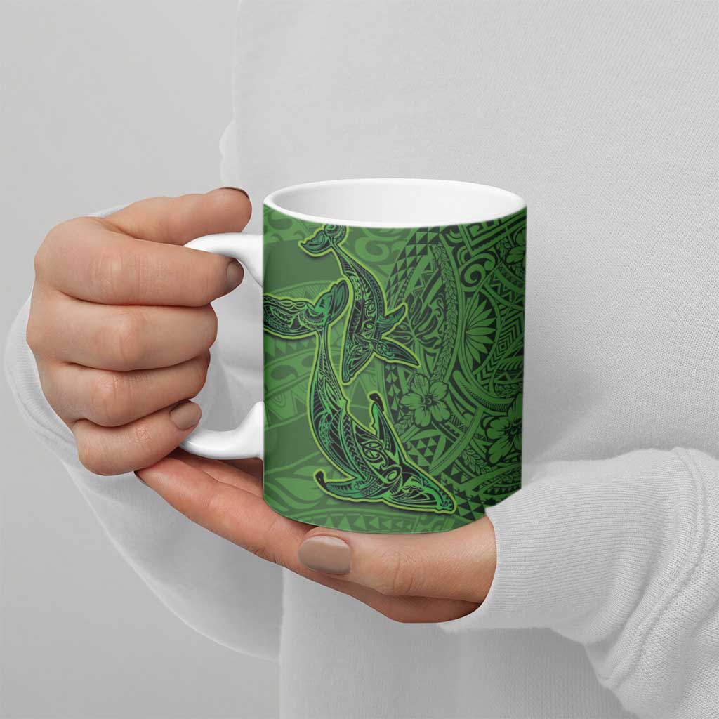 Hawaiian Whales Polynesian Art Motifs Ceramic Mug Green Color - Polynesian Pride