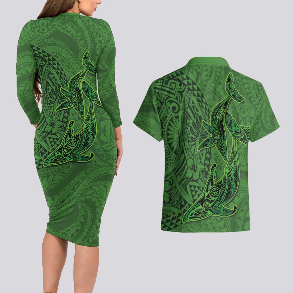 Hawaiian Whales Polynesian Art Motifs Couples Matching Long Sleeve Bodycon Dress and Hawaiian Shirt Green Color - Polynesian Pride