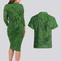 Hawaiian Whales Polynesian Art Motifs Couples Matching Long Sleeve Bodycon Dress and Hawaiian Shirt Green Color - Polynesian Pride