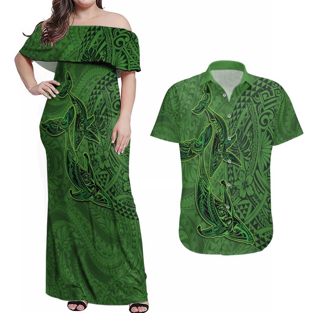 Hawaiian Whales Polynesian Art Motifs Couples Matching Off Shoulder Maxi Dress and Hawaiian Shirt Green Color - Polynesian Pride